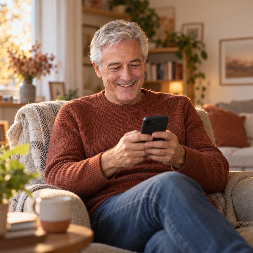 A man in his sixties sits in an armchair at home, smiling as he reads a message on his phone.